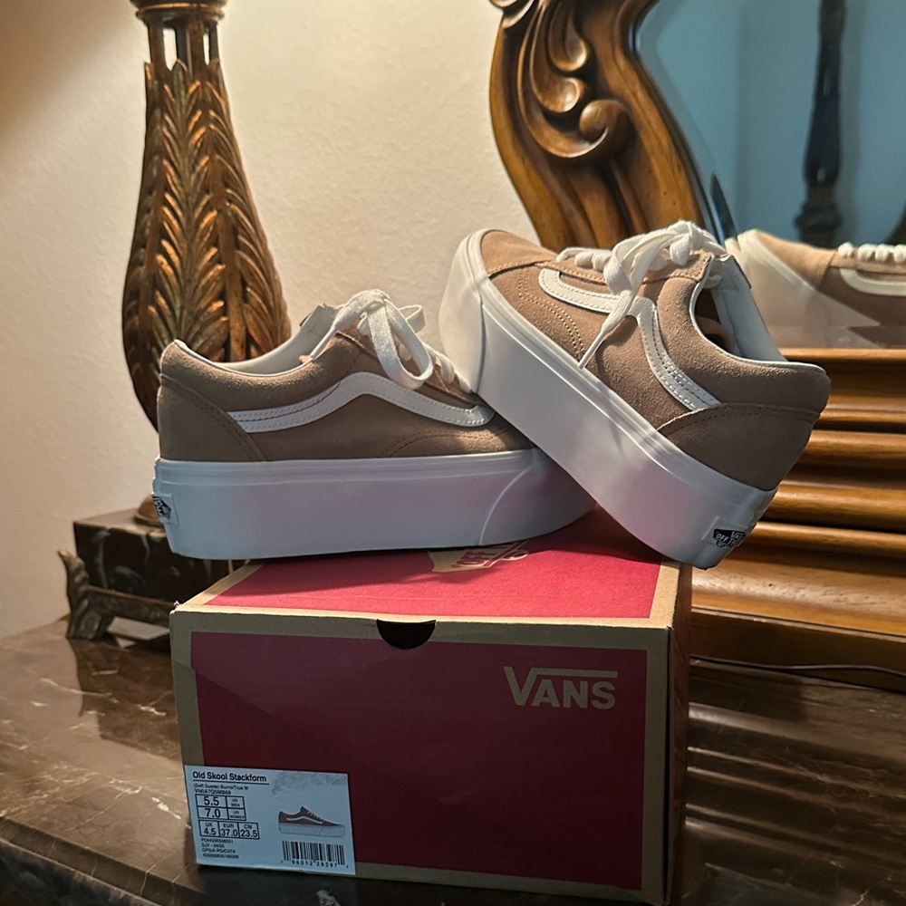 Vans Old Skool Platform Sneakers - Tan/Cream and White-Sz Women 7 / Men 5.5